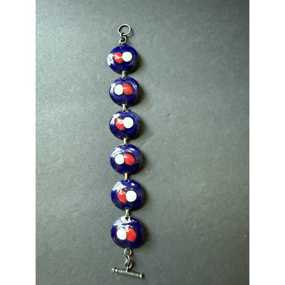 Vintage Enamel Over Copper Disc Link Bracelet Red White Blue Americana Patriotic